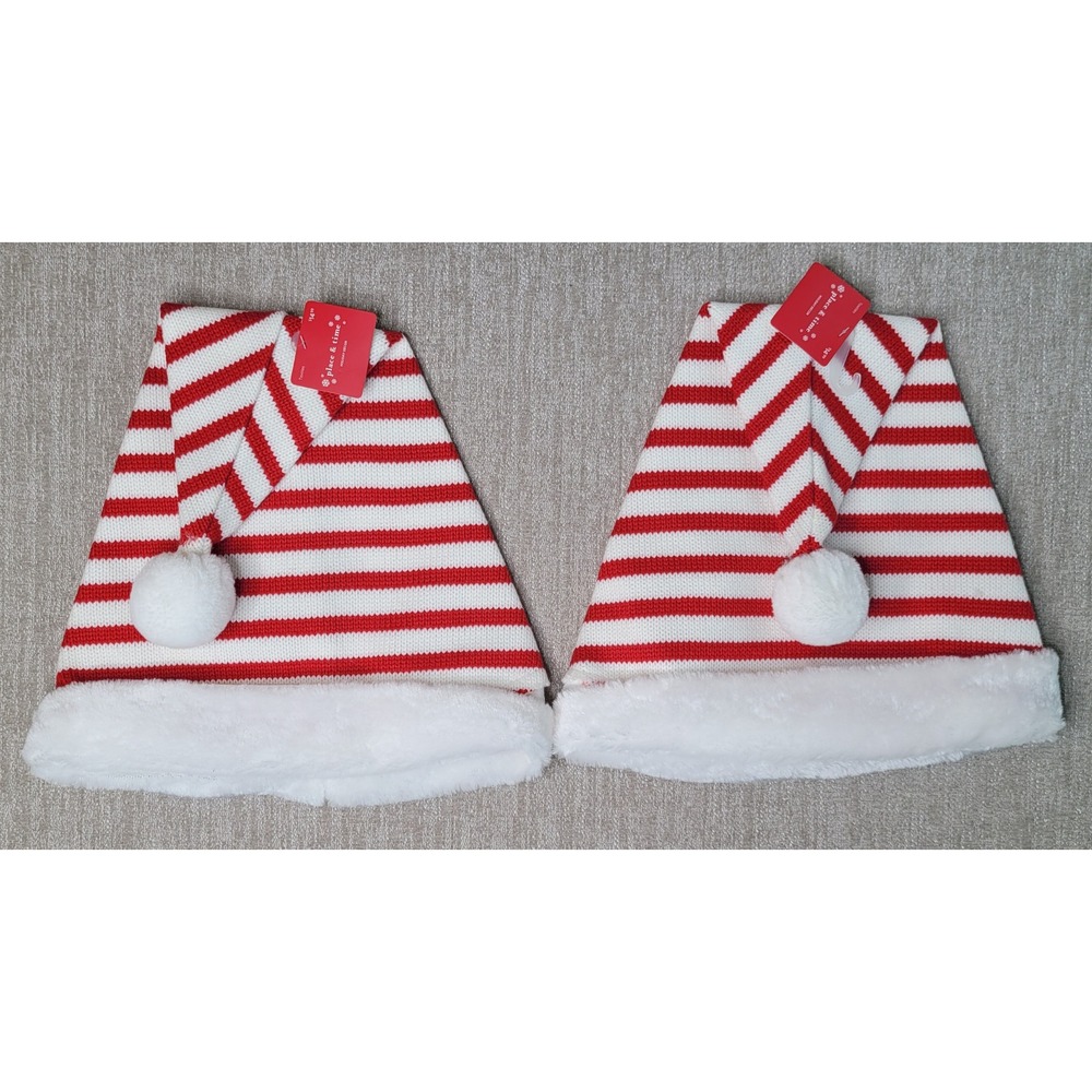 Place & Time Santa Hat Red & White Striped Pom Pom Faux Fur Trim Set of‎ 2 NEW